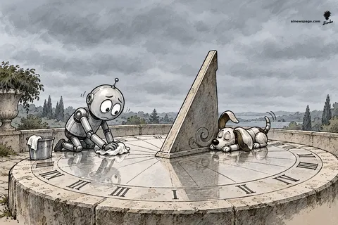 Merv the anxious robot polishes a grand stone sundial to a mirror shine under a completely overcast gray sky; Buddy the robot dog naps beside the gnomon.