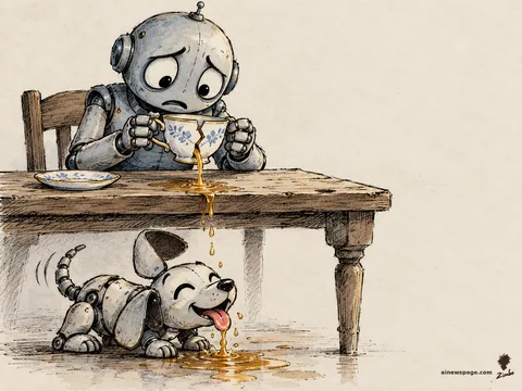 Merv holds a cracked teacup together with both hands as tea streams through the crack; Buddy the robot dog laps up the spill below, delighted.