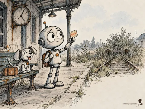 Merv the anxious robot proudly holds up a punched paper ticket on an abandoned station platform where the rails end in weeds; a small robot dog waits on a bench with a suitcase, tail wagging.