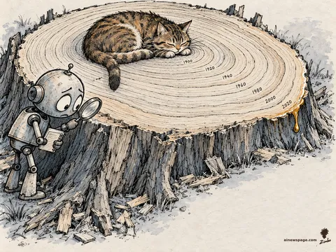 Merv counts the rings of a sawn stump with a magnifying glass, years handwritten on each ring, while Issue the cat naps on the stump.