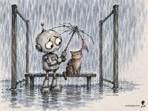 Merv the anxious robot holds a tattered skeletal umbrella over a brown tabby cat while rain pours through a bus shelter that has no roof; both are drenched.