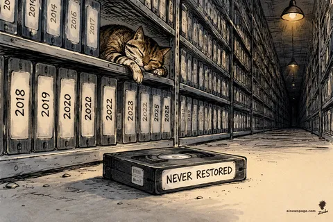 Endless shelves of backup tapes labeled by year stretch into darkness; one tape on the floor reads NEVER RESTORED while a tabby cat sleeps on the shelf, unimpressed.