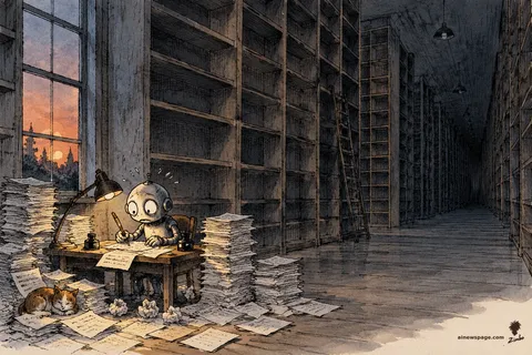 A robot scribbles frantically at a tiny desk before vast rows of empty bookshelves; finished pages pile up as dusk falls through the window and a cat sleeps on the papers.