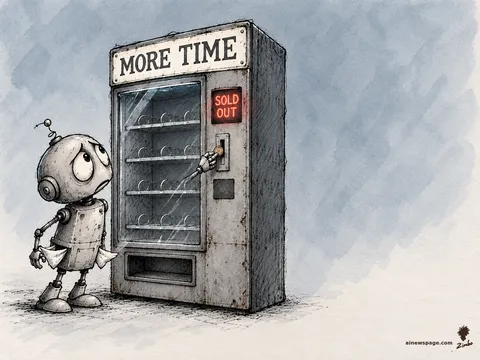 Merv feeds a coin into a vending machine labeled MORE TIME whose display reads SOLD OUT, his pockets turned out and empty.