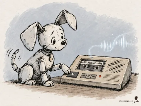 Buddy the robot dog presses PLAY on an ancient answering machine whose tape reads 'LAST MESSAGE — 1998'; sound waves rise from the speaker.
