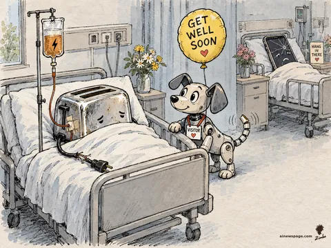 Buddy the robot dog in a visitor's badge holds a GET WELL SOON balloon at the bedside of a toaster on an IV drip in a hospital ward for broken machines; a cracked-screen phone with a HANG IN THERE card lies in the next bed.