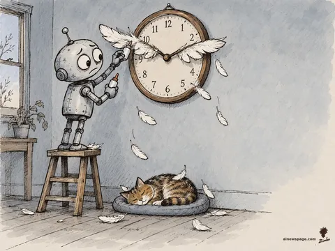 Merv the anxious robot glues large white feathers onto the hands of a wall clock, wings outstretched mid-flight, as feathers peel off and drift to the floor; Issue the tabby naps under the clock.