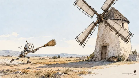 Merv the anxious robot charges a slowly turning Spanish windmill with a broom held like a lance while a brown tabby cat dozes in the mill’s shadow, unbothered.