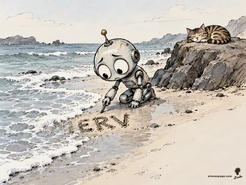 A worried robot crouches at the water's edge carving MERV into wet sand while a wave washes away the first letter; a tabby cat naps on a rock behind him, unimpressed.