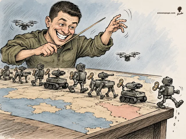 Satirical cartoon: a grinning caricature of Mykhailo Fedorov in fatigues conducts a parade of wind-up toy robot soldiers marching across a war-room map table with a conductor’s baton.