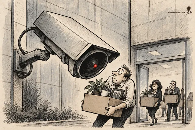 Satirical cartoon: a giant wall-mounted security camera bends down to stare into the face of a disheveled fired employee carrying a box of desk belongings, while more box-carrying workers file out of the office behind him.