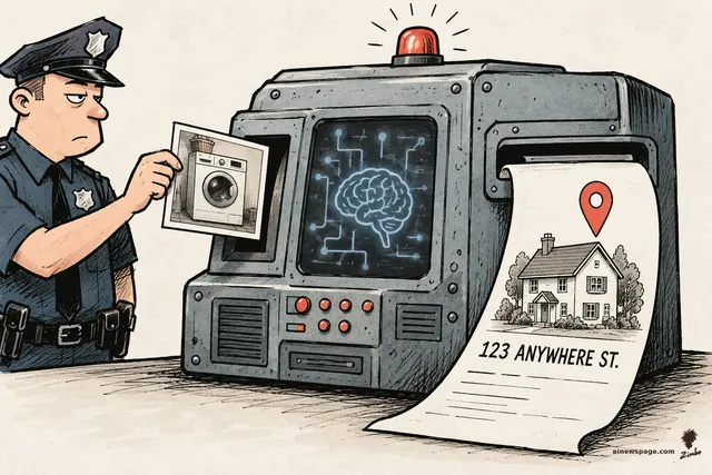Satirical cartoon: a bored police officer feeds a photograph of a washing machine into a giant retro police AI computer; a long receipt emerges showing a house sketch, a red map pin, and the address '123 ANYWHERE ST.'