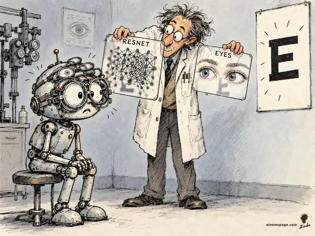 Satirical cartoon: a wild-haired researcher holds up two transparencies — RESNET with a neural-network diagram and EYES with a pair of human eyes — while a worried robot wearing a ridiculous tower of steampunk spectacles sits at an eye exam, clearly failing.