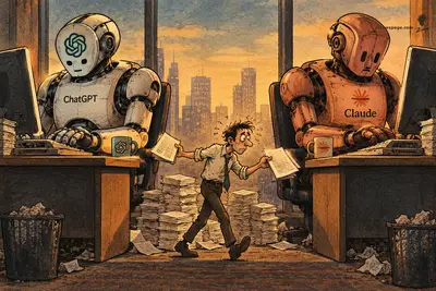 Two giant robots labeled ChatGPT and Claude sit at desks inches apart while a tiny exhausted human office worker carries sheets of paper between them, surrounded by mountains of stacked documents.
