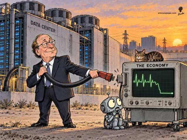 BlackRock CEO Larry Fink holds the big power plug he pulled from a heart monitor labeled THE ECONOMY, its trace flatlining; a giant DATA CENTER looms behind, a worried little robot watches, a tabby cat loafs atop the monitor. On Fink's warning that a data-center moratorium would trigger a recession.
