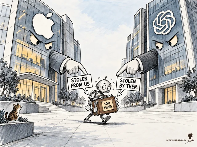 Personified Apple and OpenAI towers glare with angry eyes, each pointing an accusing finger at the other, while tiny worried robot Merv scurries between them with a briefcase labeled 100 FILES; signs read STOLEN FROM US and STOLEN BY THEM, and the cat Issue watches from a planter.