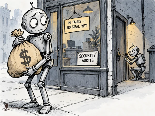 Worried robot Merv stands before a SECURITY AUDITS storefront with a hanging IN TALKS — NO DEAL YET sign, holding a giant money bag, while a cheery tiny robot picks the shop's back-door lock with a lockpick. On OpenAI's reported early talks to acquire cybersecurity firm Trail of Bits.