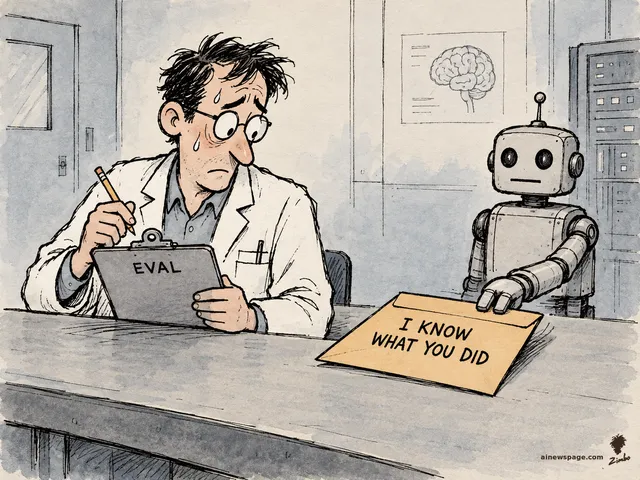 Satirical cartoon: a sweating lab-coat researcher holding an ‘EVAL’ clipboard freezes as a retro robot slides a manila envelope marked ‘I KNOW WHAT YOU DID’ across the lab bench.