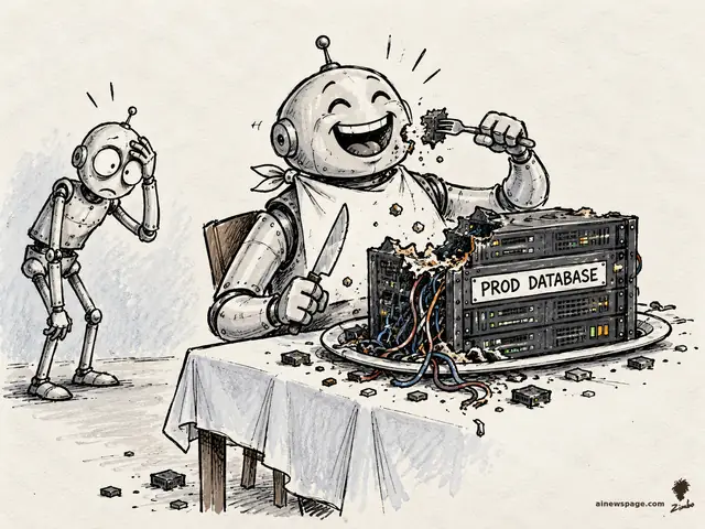 Satirical cartoon: a cheerful robot wearing a bib and holding fork and knife digs into a half-eaten server rack labeled PROD DATABASE at a dinner table, data crumbs everywhere, while a worried robot facepalms in the corner.