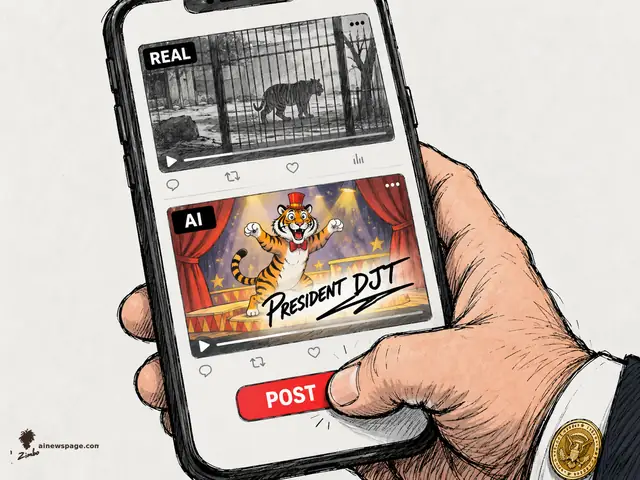 Satirical cartoon: a suited hand with a presidential cufflink holds a phone showing two stacked posts — grainy REAL tiger-enclosure footage above, a cheerful cartoon AI tiger on a stage with a giant hand-scrawled 'PRESIDENT DJT' signature below — thumb poised over a red POST button.