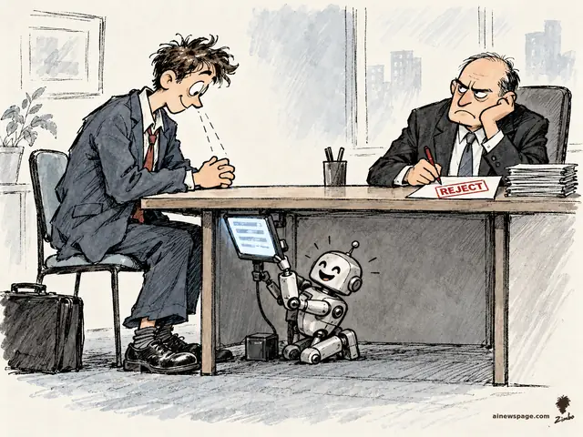 Satirical cartoon: a nervous candidate at an interview table reads AI-fed answers from a concealed teleprompter screen under the desk, cheerfully operated by a small robot, while a bored interviewer's pen hovers over a paper stamped REJECT in red.