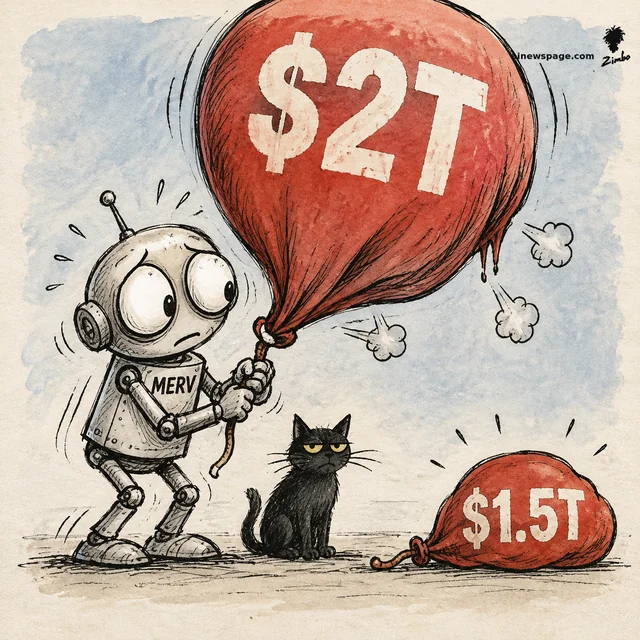 Merv the anxious robot holds a giant deflating red balloon stenciled '$2T' as it hisses down into a limp puddle balloon stenciled '$1.5T'; Issue the unimpressed black cat watches — on Anthropic investors weighing a $1.5 trillion IPO valuation, down from $2 trillion.