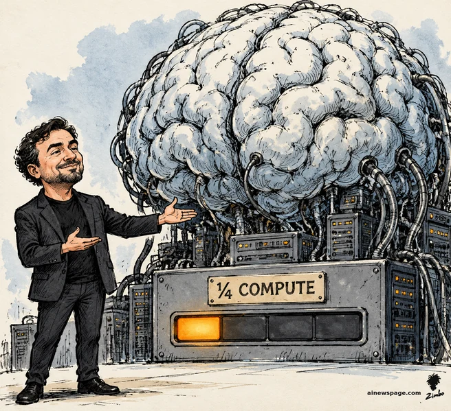 Caricature of Mustafa Suleyman proudly presenting a colossal cable-tangled artificial brain on a server pedestal stenciled '¼ COMPUTE,' its power meter glowing only one quarter — on Microsoft's MAI-Base-2 unveiling and the claim it beat OpenAI on a quarter of the compute.