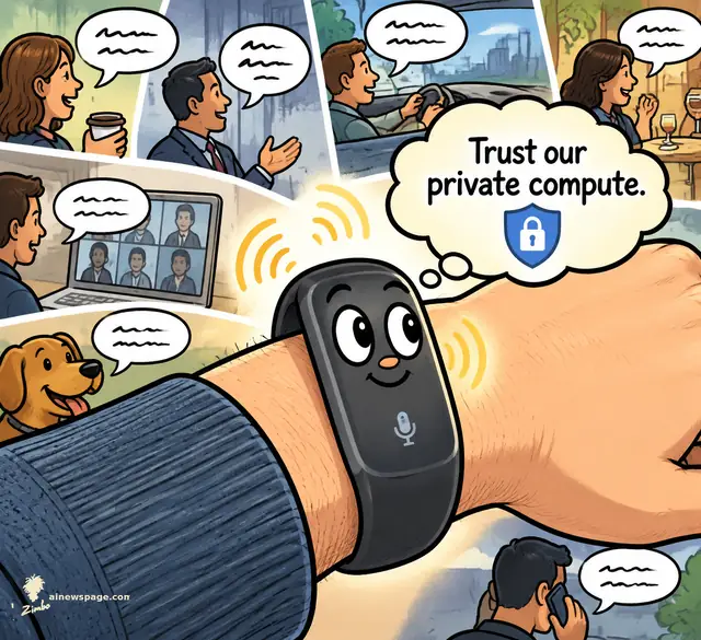 Satirical cartoon: a cheerful smiling black wrist bracelet with a microphone absorbs a full day of conversations — coffee chat, meetings, driving, dinner, video calls, a dog, a phone call — while its thought bubble says ‘Trust our private compute.’