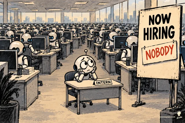 Merv the worried robot intern slumps at a tiny INTERN desk in a vast office of identical agent robots, beside a NOW HIRING sign amended with a pinned NOBODY placard — on Anthropic's report that junior hiring fell 27% to 9% while agents outnumbered employees six to one.