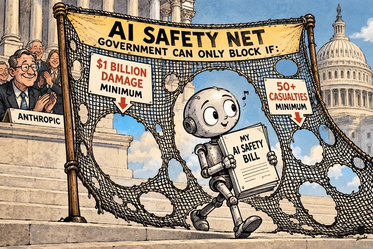 Merv the worried robot strolls through a giant hole in a net labeled AI SAFETY NET, carrying a document reading MY AI SAFETY BILL, while applauding lawmakers sit behind an ANTHROPIC placard before the Capitol dome — on Anthropic pitching its own AI safety bill to Congress.