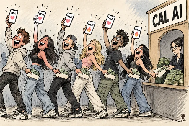 Satirical cartoon: a line of cheering influencers wave phones showing "CAL AI" while taking cash envelopes from a "CAL AI" cashier window.