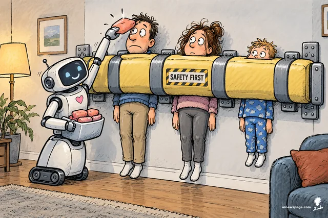 Satirical cartoon: a cheerful babysitter robot has bolted a giant padded "SAFETY FIRST" bar across the living room, pinning a family of three to the wall while tenderly adding one more cushion.