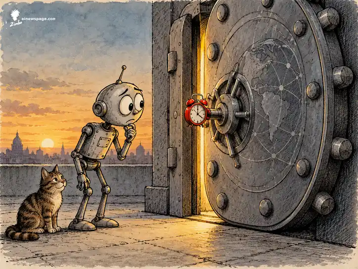 Worried riveted robot beside a colossal vault door cracked open with golden light; a tiny red 1990s alarm clock is the key in the lock, and a small brown tabby cat looks up knowingly — on Anthropic's claim that Claude traced the NIST ECDSA curve seeds to a clock-seeded random-number generator.