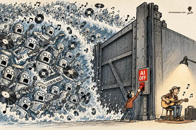 Satirical cartoon: a tiny listener flips a red "AI OFF" switch on a giant steel floodgate holding back a tidal wave of identical robot musicians.