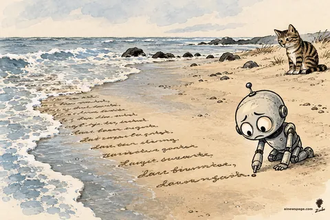 Merv the anxious robot presses the final period of a long letter in wet sand at the water's edge while a wave dissolves its opening lines; Issue the tabby watches from dry sand above the tideline.