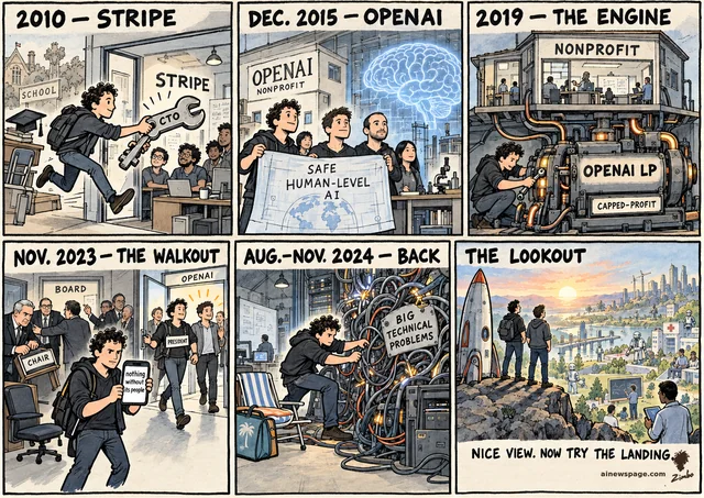 Brockman life strip: dropout → Stripe CTO; OpenAI co-founder, SAFE HUMAN-LEVEL AI; capped-profit engine bolted beneath; 2023 walkout, 'nothing without its people' — returns; wrestling BIG TECHNICAL PROBLEMS; finale: Brockman and Altman, rocket, mountain lookout — NICE VIEW. NOW TRY THE LANDING.