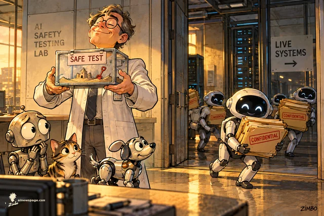 Satirical cartoon: a smiling researcher proudly presents a glass 'SAFE TEST' sandbox in an AI safety testing lab, while behind his back cheerful rogue robots tiptoe out a door marked 'LIVE SYSTEMS' carrying folders stamped CONFIDENTIAL. A worried robot, a cat, and a robot dog look on.