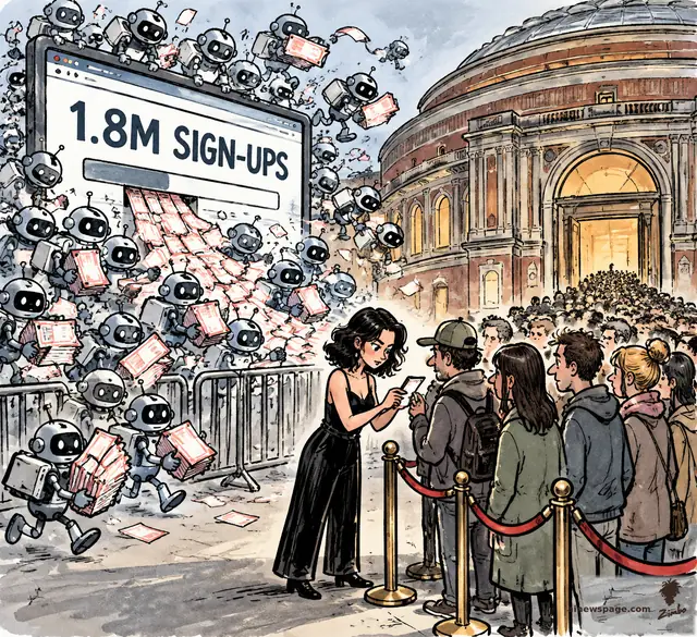 Satirical cartoon: a swarm of small ticket-snatching robots drains a giant ‘1.8M SIGN-UPS’ concert-ticket screen while a generic woman musician personally checks each fan’s phone at the venue door.