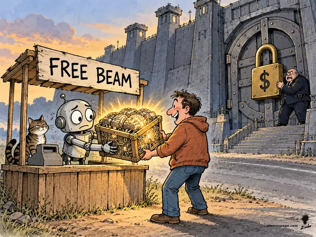 Satirical cartoon: Merv the worried robot hands a glowing crate of AI models from a lemonade-style stand signed FREE BEAM to a delighted developer, while a suited warden clutches a giant gold dollar padlock on a fortress vault door behind them. A knowing tabby cat watches from the stand.