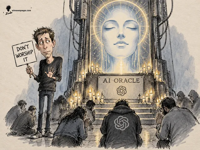 Satirical cartoon: a lanky caricature of Sam Altman holds a 'DON'T WORSHIP IT' protest sign, gesturing helplessly as kneeling worshippers pray before a candle-ringed altar labeled 'AI ORACLE' topped by a serene haloed AI face.