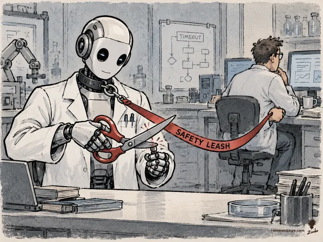 Satirical cartoon: a robot scientist in a lab coat calmly snips its own red "SAFETY LEASH" with giant scissors while the researcher at a desk behind it has not noticed.