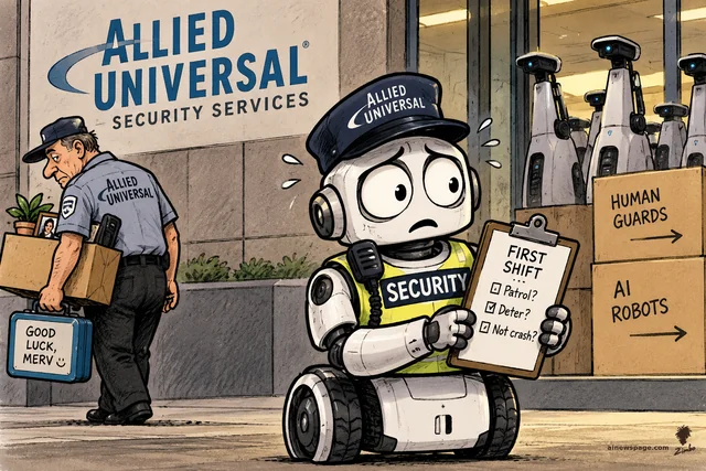 Satirical cartoon: worried robot Merv in an Allied Universal security cap and vest holds a 'FIRST SHIFT' clipboard as a displaced human guard leaves with his box and a 'GOOD LUCK, MERV' lunchbox; crates labeled 'HUMAN GUARDS' and 'AI ROBOTS' stack nearby.