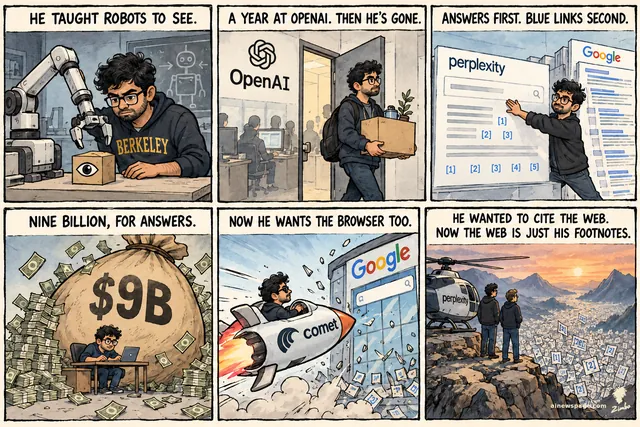 Srinivas life strip: Berkeley robot PhD; a year at OpenAI, then gone; Perplexity footnotes vs Google blue links; $9B money sack; Comet rocket hits Google; finale: Srinivas and Yarats by helicopter gaze at a footnote valley — HE WANTED TO CITE THE WEB. NOW THE WEB IS JUST HIS FOOTNOTES.