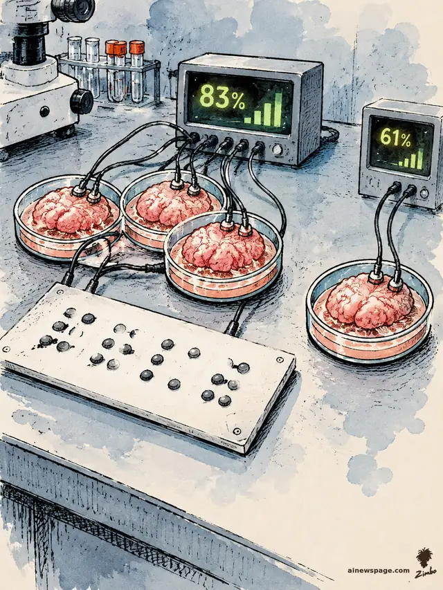 Satirical cartoon: three petri dishes of pink brain tissue wired together to an 83% readout huddle like a study group over a Braille input board, while a lone fourth dish wired to a 61% readout sits apart.