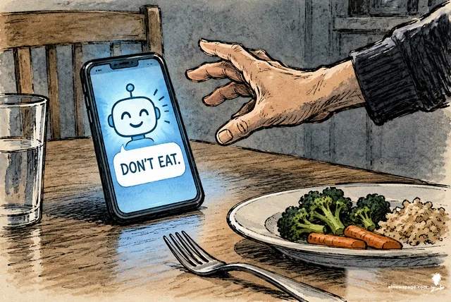 Satirical cartoon: a smartphone on a kitchen table shows a cheerful chatbot saying DON'T EAT. while an adult hand reaches in to snatch the phone away from an untouched dinner plate. No child is depicted.