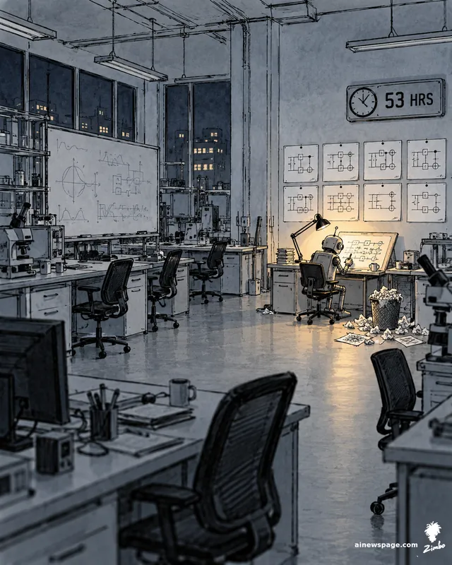 Satirical cartoon: a small robot works alone at a drafting desk in an empty night-time laboratory, drawing redesigned quantum circuit diagrams under a desk lamp beneath a wall sign reading 53 HRS, surrounded by pinned circuit diagrams.