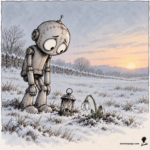 Merv the anxious robot stands hunched over a drooping snowdrop in a snowy field at dawn, a snuffed lantern at his feet; he kept the watch all night and the frost won anyway.