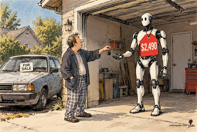 Satirical cartoon: a man in pajamas hands his car keys to a tall humanoid robot wearing a $2,490 price tag standing in his empty garage, while his battered old car sits in the driveway with a FOR SALE sign.