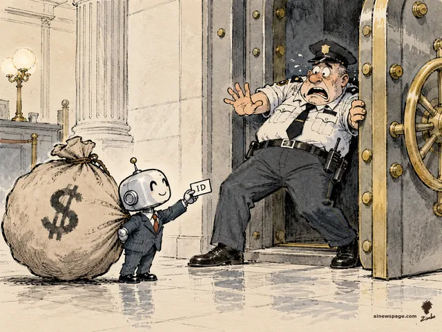 Satirical cartoon: a tiny suited robot politely presents an ID card to a terrified bank guard blocking a vault door, while dragging a giant money sack marked with a dollar sign behind it.
