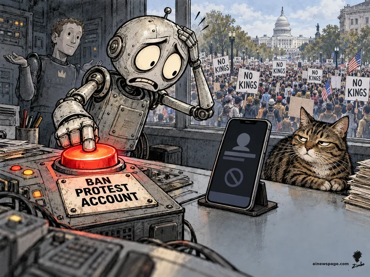 Merv the worried robot hits a giant red BAN PROTEST ACCOUNT button while a dead Instagram profile flickers on a desk phone; the NO KINGS march rolls past the window as Issue the tabby watches, unimpressed — on Meta suspending the No Kings Instagram mid-protest and blaming an automated error.